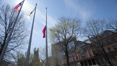 Flags on campus in spring