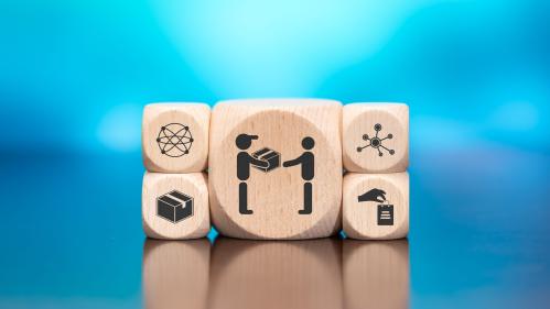 Rendering of blocks depicting a delivery person and destined owner