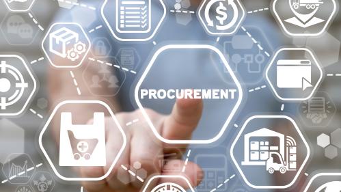 A graphic of supply chain for retail, with a person extending their finger to press on a button that says 'Procurement'