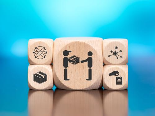 Rendering of blocks depicting a delivery person and destined owner