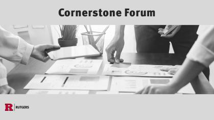 The first slide of the Cornerstone Forum presentation deck. It shows an image of coworkers around a stack of papers sorting and organizing to demonstrate the progress of their work.