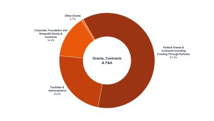 Grants, Contracts, and Facilities & Administrative breakdown, representing 12.3% or 756.6 million dollars of Rutgers FY27 funding sources.